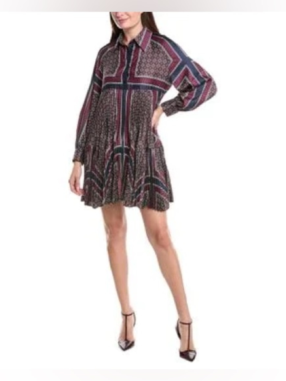NWT Sandro Lolane Printed Shirt Mini Dress in Burgundy and Navy Size 38